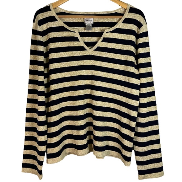 Chico’s Size 3 Gold Metallic Thread and Navy Striped Sweater V‎ Neck Cutout - Picture 1 of 6